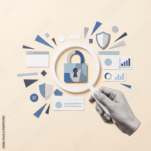 Mixed media cybersecurity lock and shield collage with grayscale hand charts interface cards and geometric paper shapes