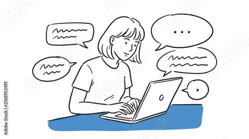 Young woman working on laptop and chatting online illustration