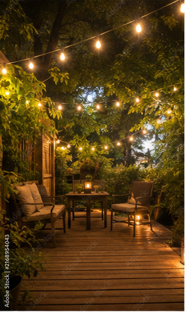 Fototapeta premium Cozy Garden Patio with String Lights at Dusk