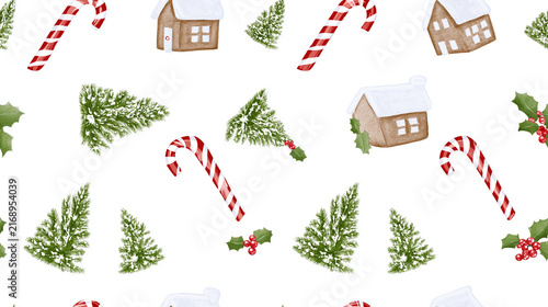 Christmas Pattern Delight: A charming watercolor pattern featuring festive elements like candy canes, snow-capped gingerbread houses, and evergreen trees.