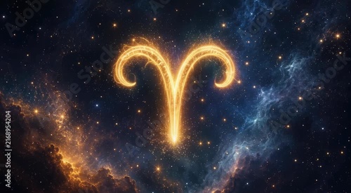 Golden glowing Aries zodiac symbol with curled horns in a blue-orange cosmic nebula and starfield