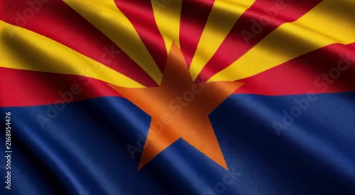 Waving Arizona state flag with red and yellow rays, copper star and deep blue field, realistic fabric texture