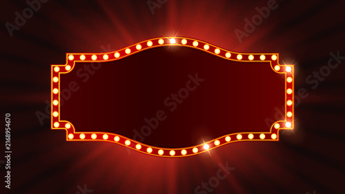 Retro Marquee Light Sign Frame with Glowing Bulbs on Red Background, Vintage Theater Cinema Banner Vector Illustration