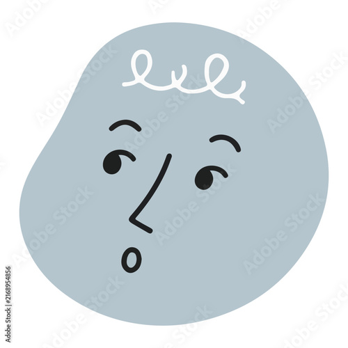 Minimalist hand-drawn surprised face on organic blue shape