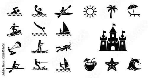 Set of black summer vacation and water sports activity silhouette icon designs on a white background