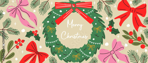 A hand-drawn Christmas-themed illustration featuring a decorated wreath, bows, berries, fir branches, ornaments, and snowflakes. A festive background for greeting cards and banners.