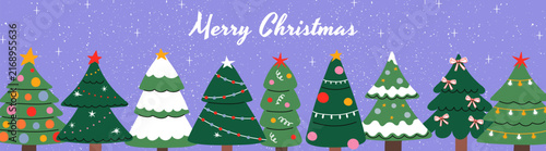 Festive banner or card with decorated Christmas trees and colorful ornaments, snowflakes, and falling snow on a purple background.