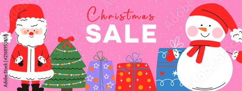 A cheerful banner design for a festive Christmas sale featuring snow, Santa Claus, a colorful Christmas tree, and a seasonal promotion concept.