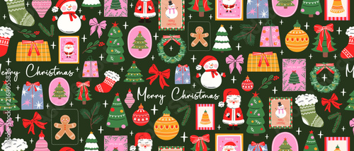 Seamless Christmas pattern with Santa Claus, snowman, Christmas tree, gift, ornament, wreath, and holiday greeting. Patchwork Christmas wrapping paper design.