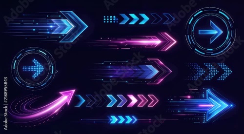 Glowing futuristic neon arrows and chevrons in blue and magenta with motion lines and circular tech elements on a dark background