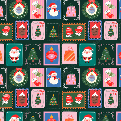 Seamless Christmas pattern with Santa Claus, a snowman, a decorated Christmas tree, a wreath, a mitten, and a gift. Hand-drawn Christmas wrapping paper design.