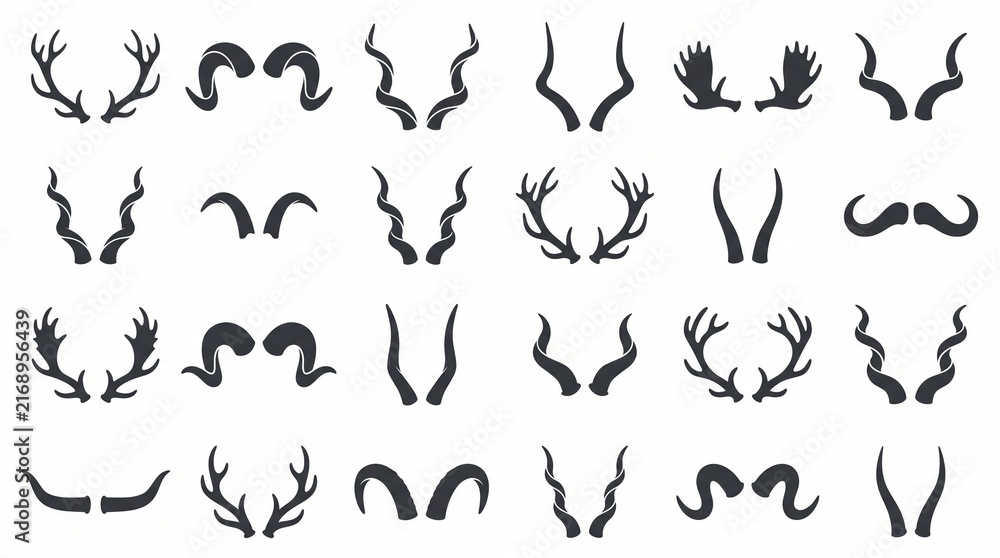 Fototapeta premium Animal Horn and Antler Silhouettes Set, Minimalist Design, Graphic Elements, Decorative Icons, Vector Illustration