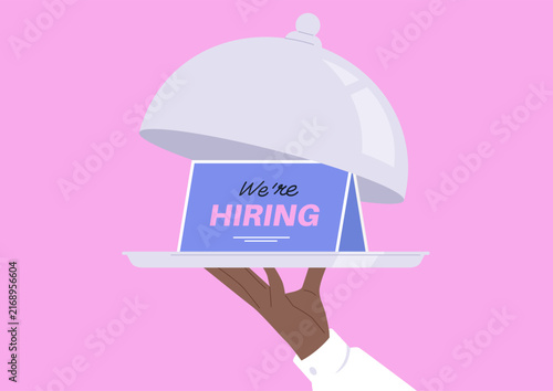 We are hiring, a hand opening a cloche lid, an announcement card on a tray, HoReCa business