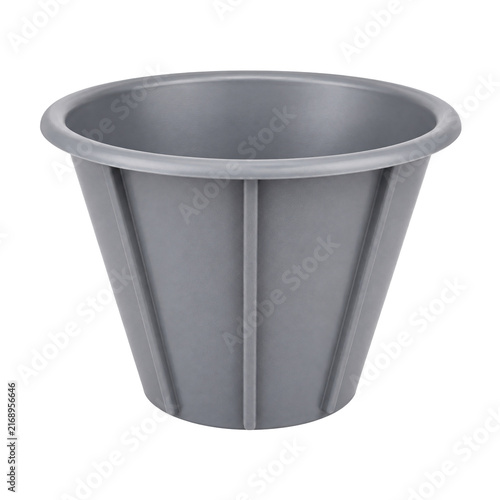 Isolated gray plastic plant pot or container, gardening tool or
