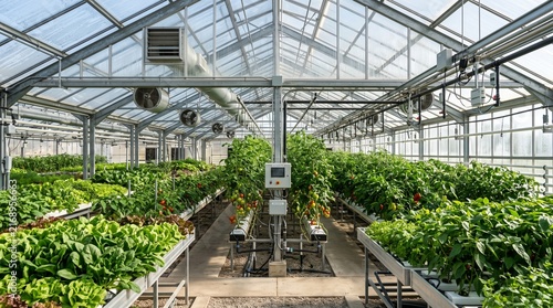 Modern hydroponic greenhouse facility featuring lush green vegetable plants growing in automated irrigation systems under bright natural glass roof lighting
