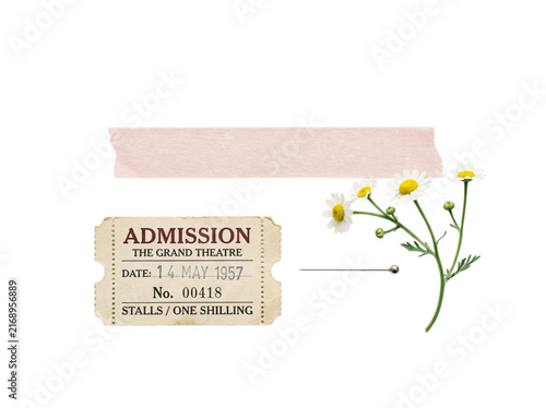 Vintage theatre ticket, chamomile flowers, pink washi tape, and sewing pin isolated on transparent background