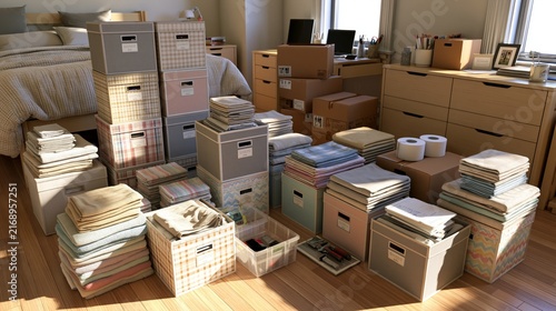 Organized storage cubes and folded towels in college dorm room move-in setup