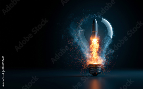 Abstract rocket launching inside a glowing light bulb surrounded by particle effects, innovation and idea concept, creative technology visual