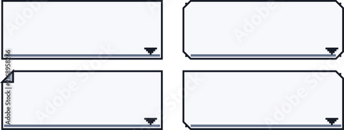 Set of four pixel dialogue boxes with rectangular and chamfered corners, featuring small downward pointing triangles and bottom border lines
