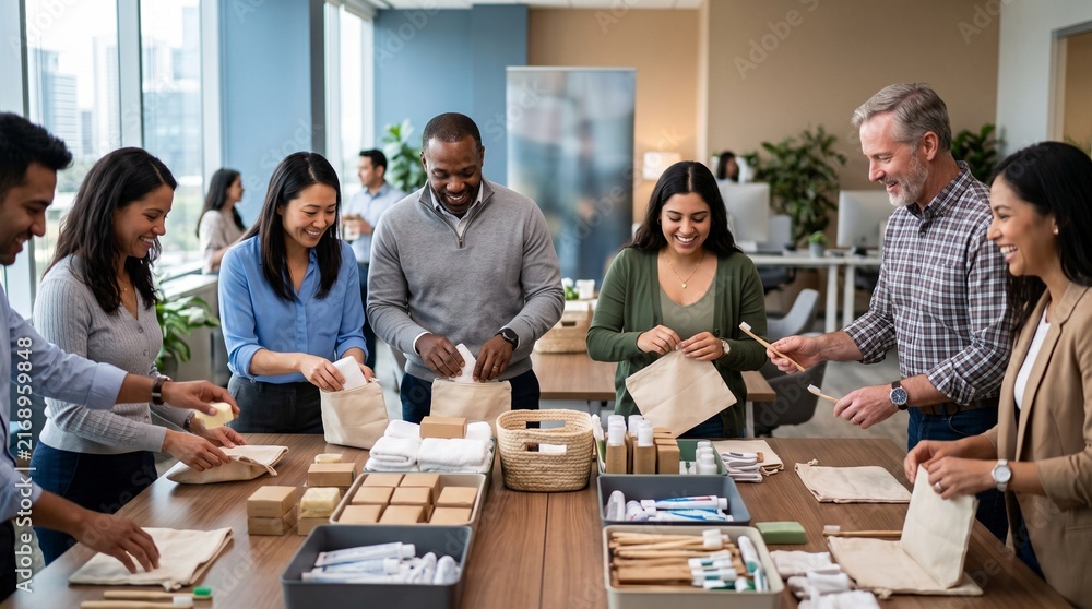 Obraz premium International Day of Charity volunteers packing hygiene supplies and essential goods together in office for community donation, nonprofit outreach, humanitarian assistance and social support