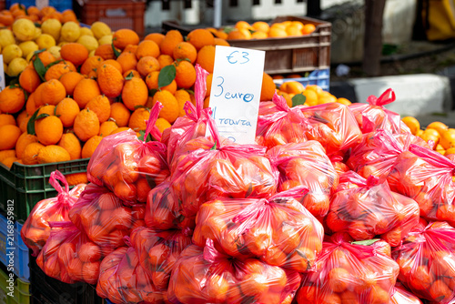 Fresh tangerines and oranges waiting for customers at the farmers market. Cyprus