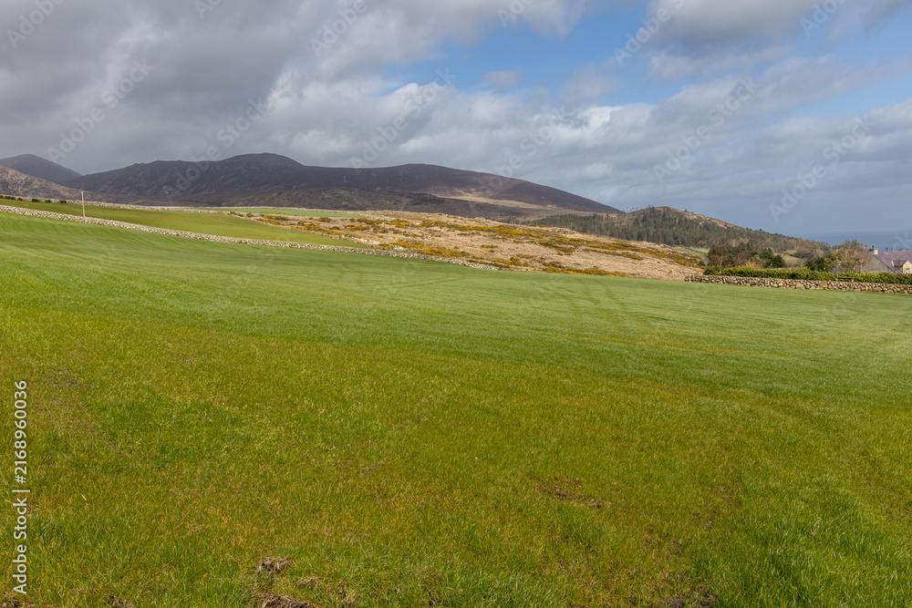 Obraz premium Scenic mountain landscape in Mourne Mountains ,Silent Valley mountain park under a cloudy sky