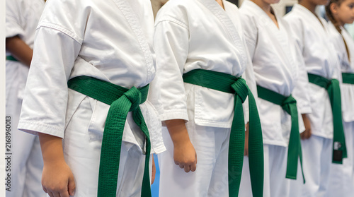 Young martial arts students in white karate uniforms and green belts standing together in formation during a training session, representing discipline, teamwork, physical fitness, confidence, and you