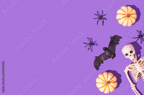 Cuadro en lienzo A part of human skeleton body, pumpkin, spider and bat on a bright purple background