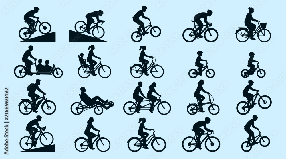 Fototapeta premium Collection of 20 black silhouettes of people riding various types of bicycles in different poses on a blue background, ideal for sport, recreation, and transport design projects.