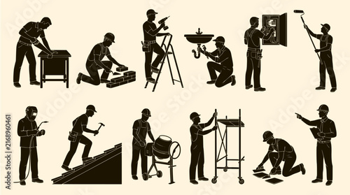 Set of 10 detailed black silhouettes of male workers performing various construction and maintenance tasks on beige background, ideal for labor, industry, and workforce design themes.
