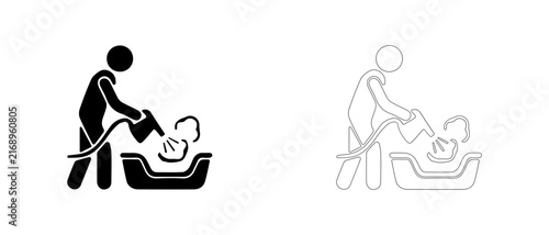 Obraz na plátně Person steam cleaning dog bed vector icon filled and outline, steamer sanitization and pet bed hygiene symbol