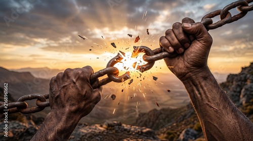 Hands breaking rusted chain with sparks against dramatic sunset over mountain valley