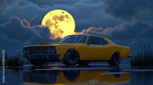 Classic vintage car driving under bright yellow full moon at dusk