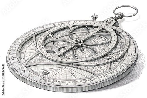 Antique pocket watch with compass and celestial map design