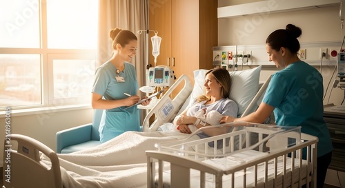 Nurses caring for a new mother and her newborn baby in a hospital maternity ward room