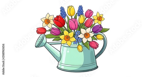 Colorful spring flowers in a vintage watering can illustration isolated on white background