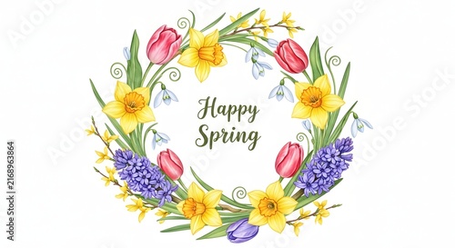 Watercolor spring flower wreath with Happy Spring text greeting card design