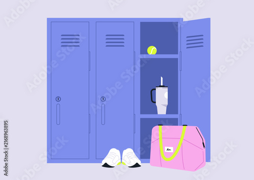 Belongings of an active athlete fill a vibrant locker space, A water bottle, shoes, a tennis ball, and a stylish bag create an inviting scene for sports enthusiasts.