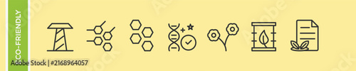 Eco Friendly Biofuel Science Nature Genetics Vector Icon Set, DNA Molecule Honeycomb Flowers Bio Barrel Green Contract Linear Outline Symbols, Biotechnology Ecology Line Art Graphics Collection.