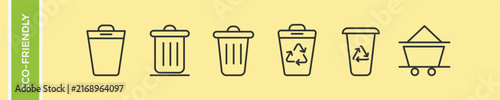 Waste management and recycling vector icons set with recycle trash bin, garbage sorting container, mining cart, and zero waste symbols