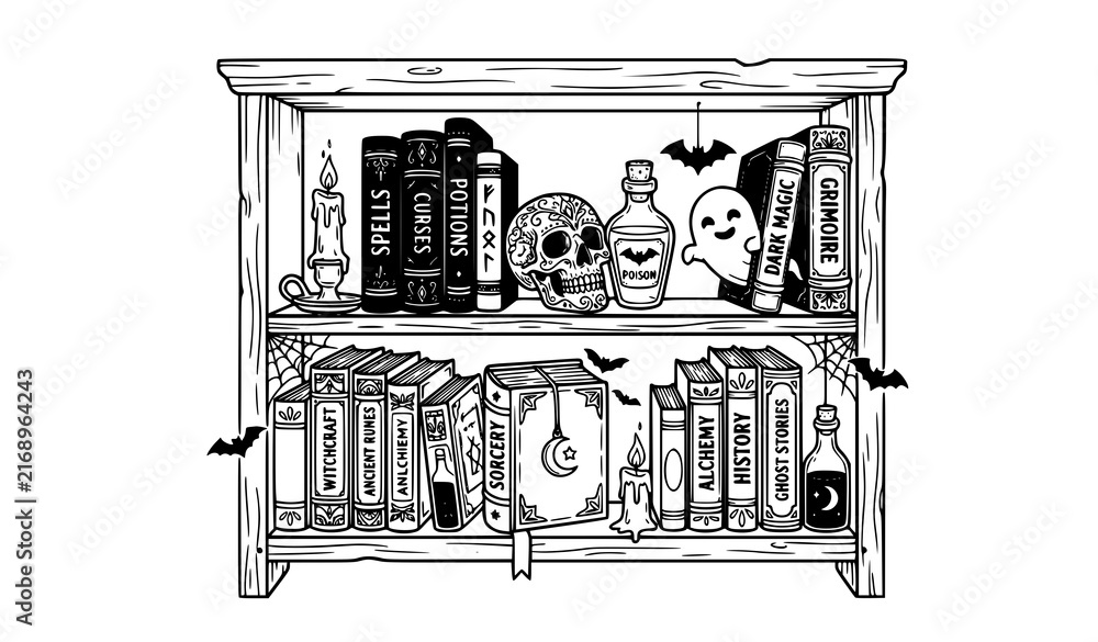 Fototapeta premium Halloween Occult Bookshelf with Magic Books, Skull, Potion Bottle and Ghost