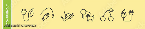 Eco friendly green energy and nature vector icons set with green electric plug, sustainable fishing, pet tree park, fresh cherry, and verified organic leaf symbols