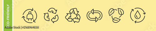Recycling and circular economy vector icons set with renewable energy, waste reuse, biodegradable leaf cycle, and water conservation symbols.
