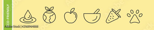 Eco friendly organic food and cruelty free living vector icons set with fresh apple, carrot, green planet, water drop, and pet paw print symbols