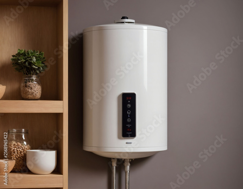 Electric Water Heater Mounted Beneath Tiles, Visible Pipes And Valves For Hot And Cold Lines Conveying Maintenance And Utility Access In Compact Bathroom Or Service Space
