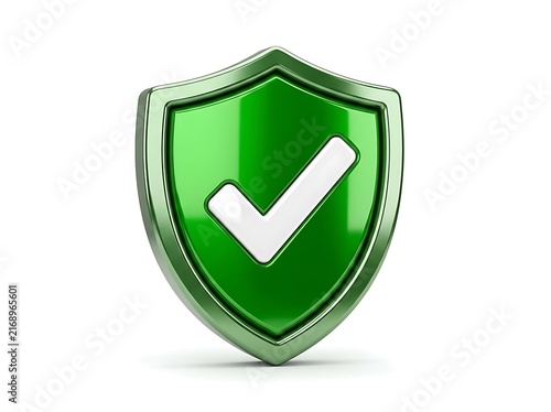 3D glossy green cybersecurity shield emblem isolated on a white backdrop with a white checkmark