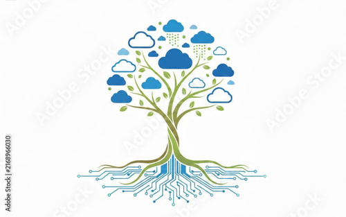 Cloud computing concept with a digital tree, data storage, and technology network
