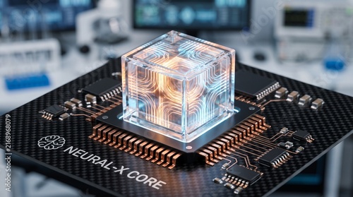 Obraz na płótnie Glowing translucent cubic processor sits mounted on modern electronic circuit board featuring golden pathways for advanced artificial intelligence computing power hardware