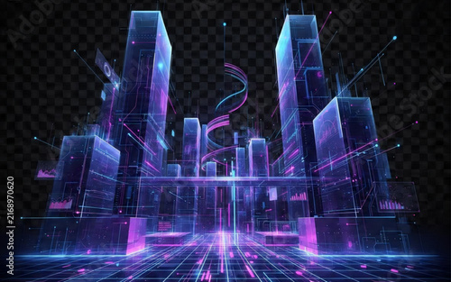 Futuristic Smart City Hologram with Glowing Digital Skyscrapers and Cyberpunk Technology Grid
