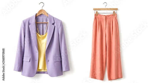 Purple cotton blazer over yellow silk camisole and coral linen trousers on wooden clothes hangers isolated on white background